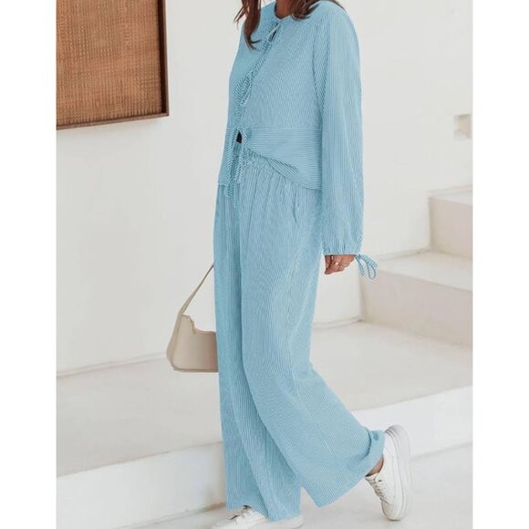 yousify 2 peace striped long sleeve tie front  lake blue or pink - Picture 2 of 5